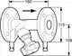 Flanschartiges Strangregulierventil mit mehreren Anschlüssen, dargestellt in Seitenansicht, von IMI Hydronic Engineering. Zeigt integrierten Regelmechanismus für Heizungsanwendungen.